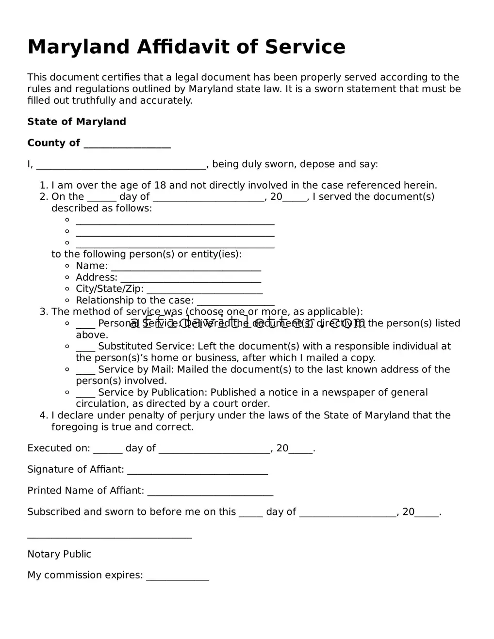 Blank Maryland Affidavit of Service Template