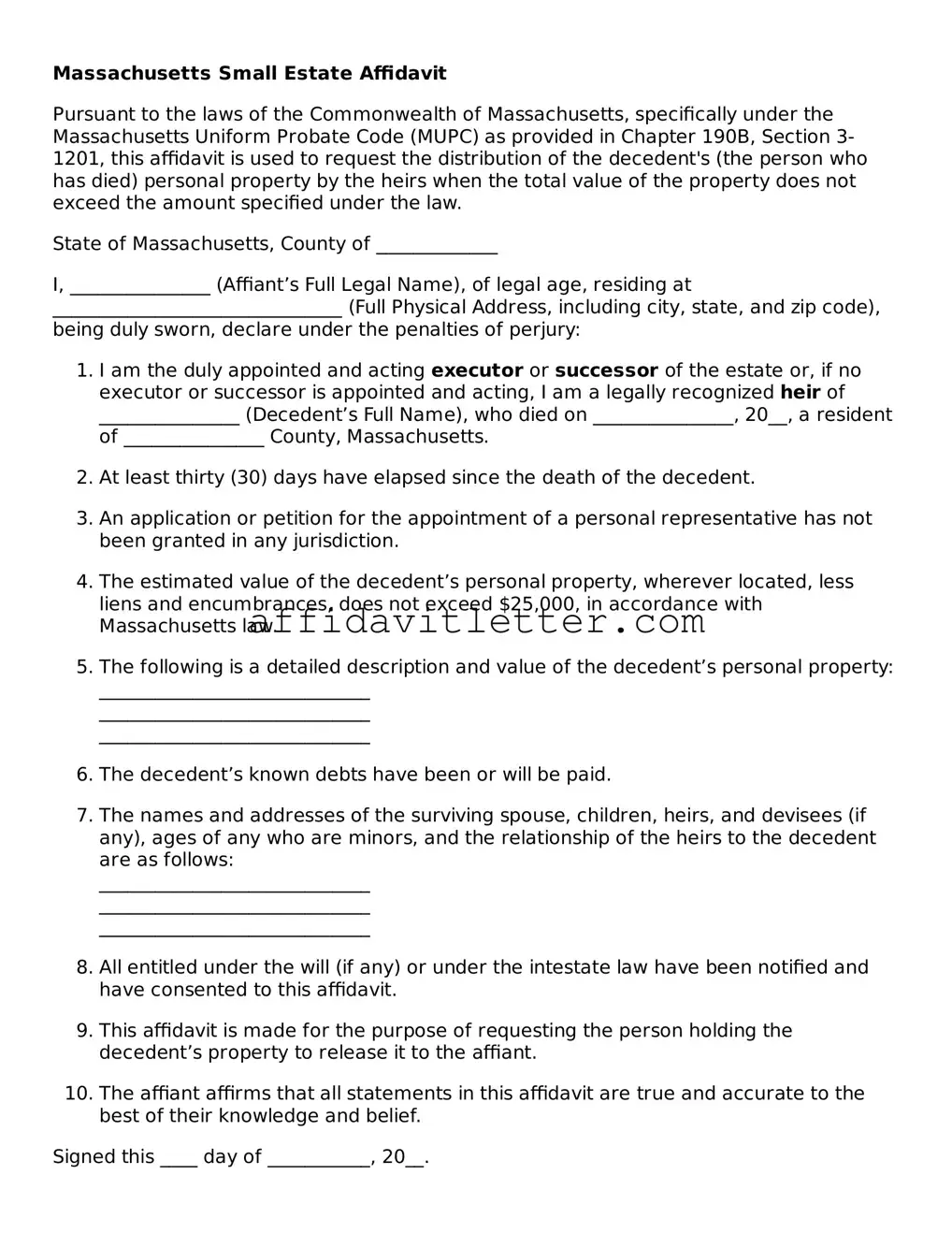 Blank Massachusetts Small Estate Affidavit Template