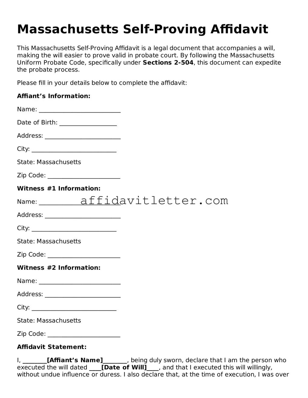 Blank Massachusetts Self-Proving Affidavit Template