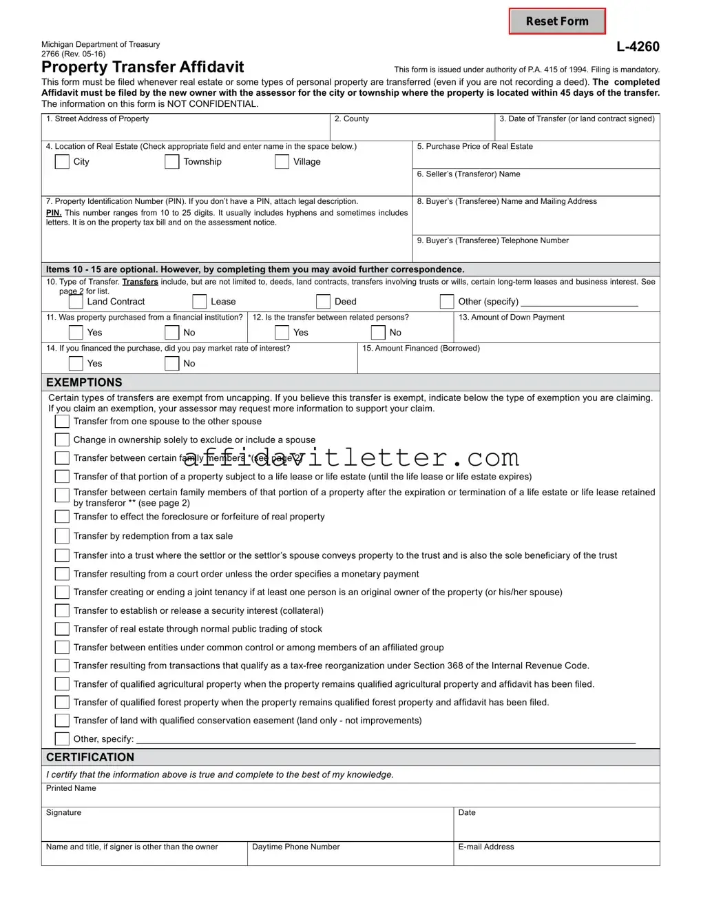 Download Michigan Property Transfer Affidavit 2766 Template