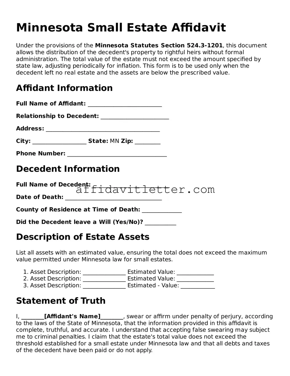 Blank Minnesota Small Estate Affidavit Template