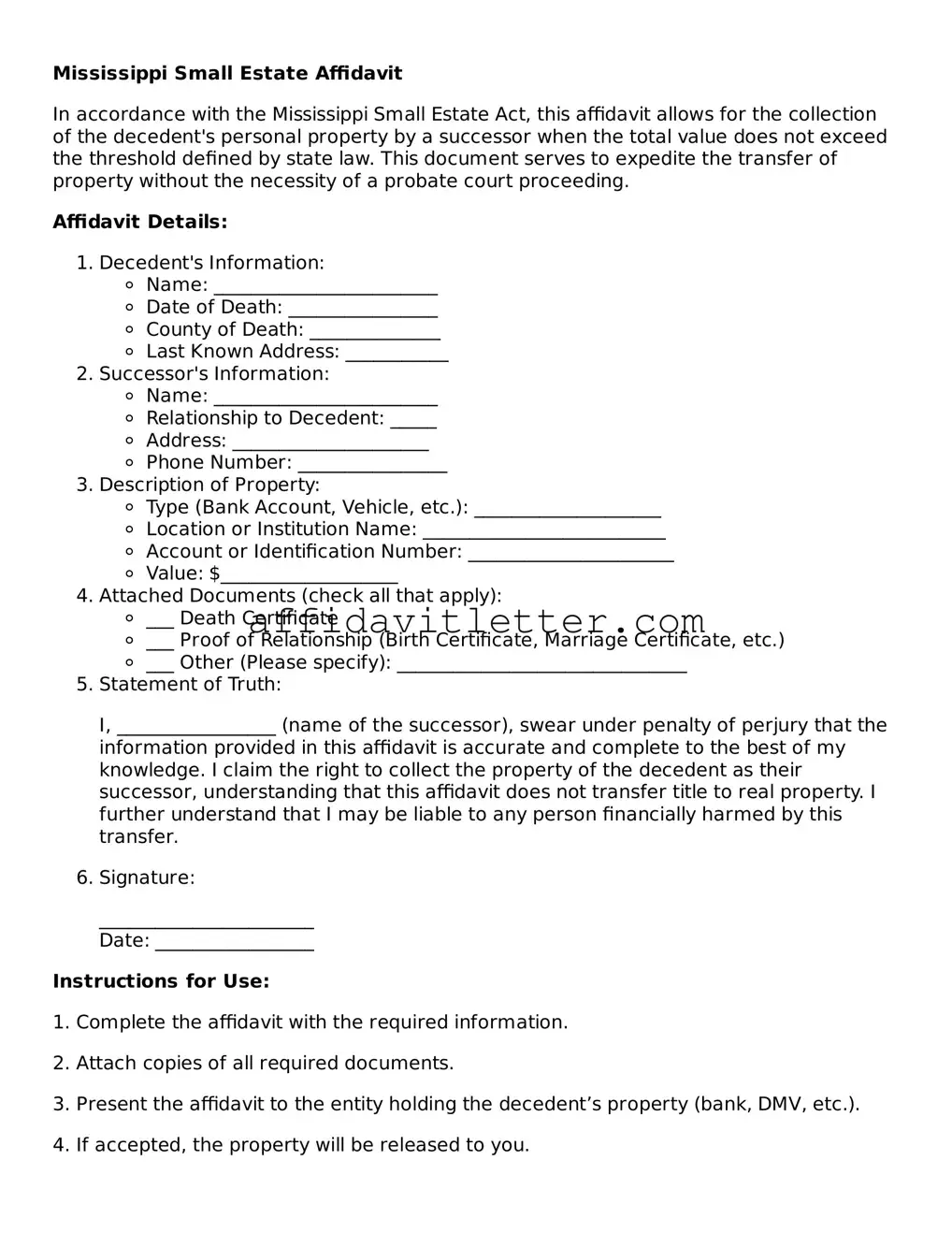 Blank Mississippi Small Estate Affidavit Template