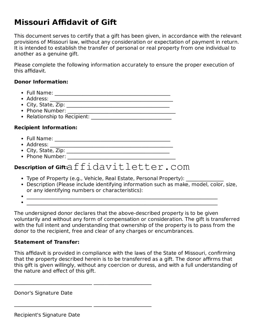 Blank Missouri Affidavit of Gift Template