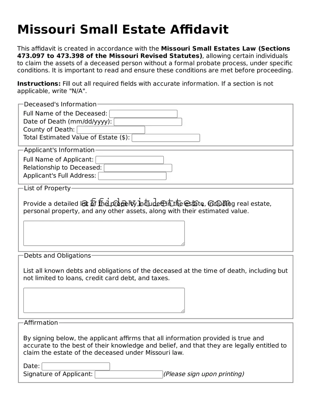 Blank Missouri Small Estate Affidavit Template