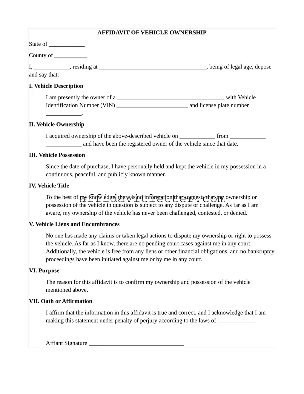 Download Motor Vehicle Ownership Affidavit Template