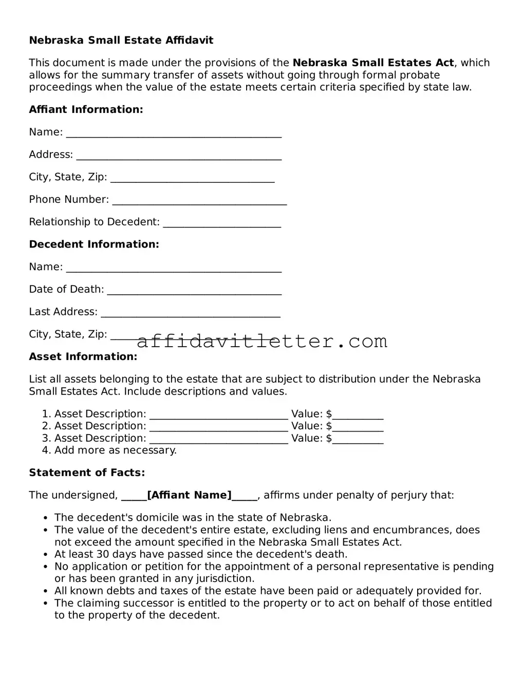 Blank Nebraska Small Estate Affidavit Template