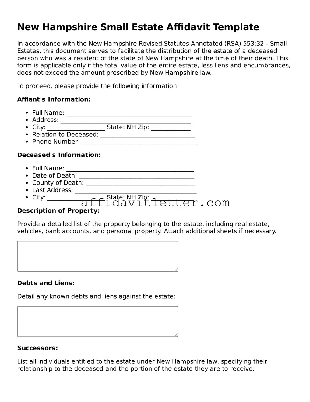 Blank New Hampshire Small Estate Affidavit Template