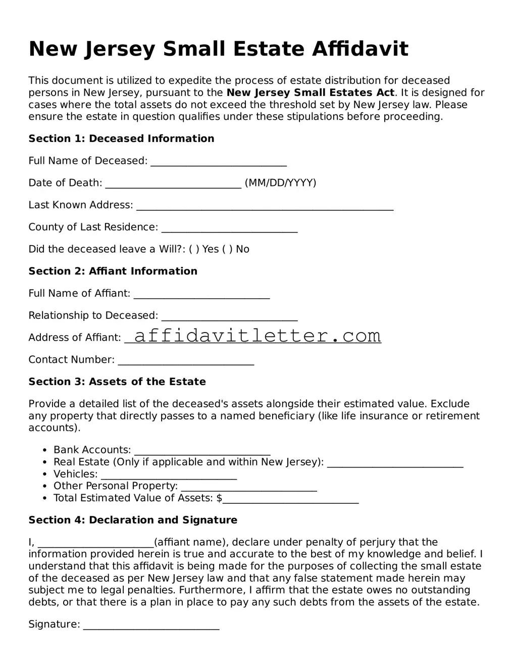 Blank New Jersey Small Estate Affidavit Template