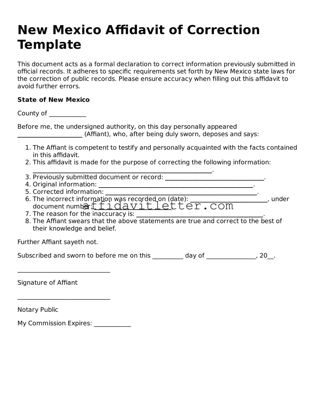 Blank New Mexico Affidavit of Correction Template