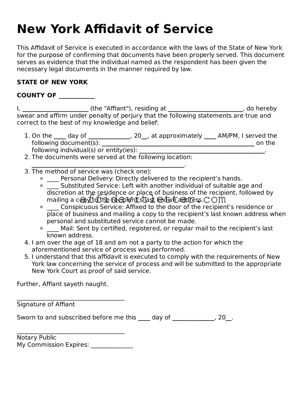 Blank New York Affidavit of Service Template