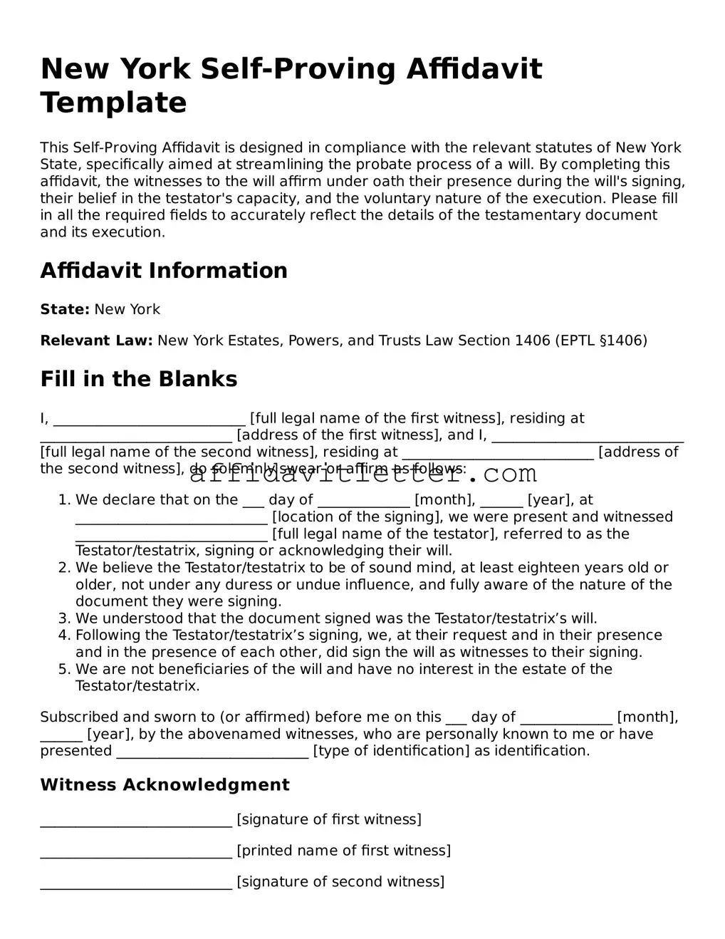 Blank New York Self-Proving Affidavit Template