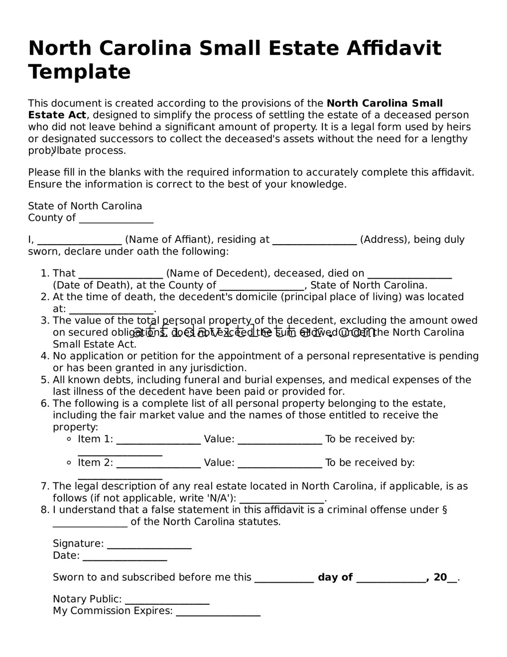 Blank North Carolina Small Estate Affidavit Template