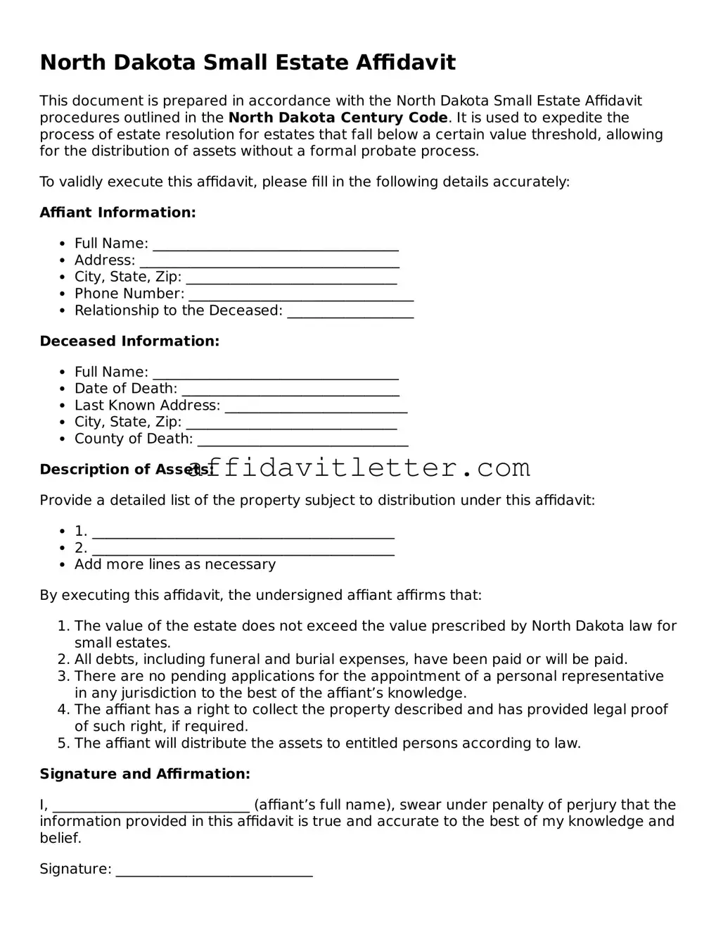 Blank North Dakota Small Estate Affidavit Template