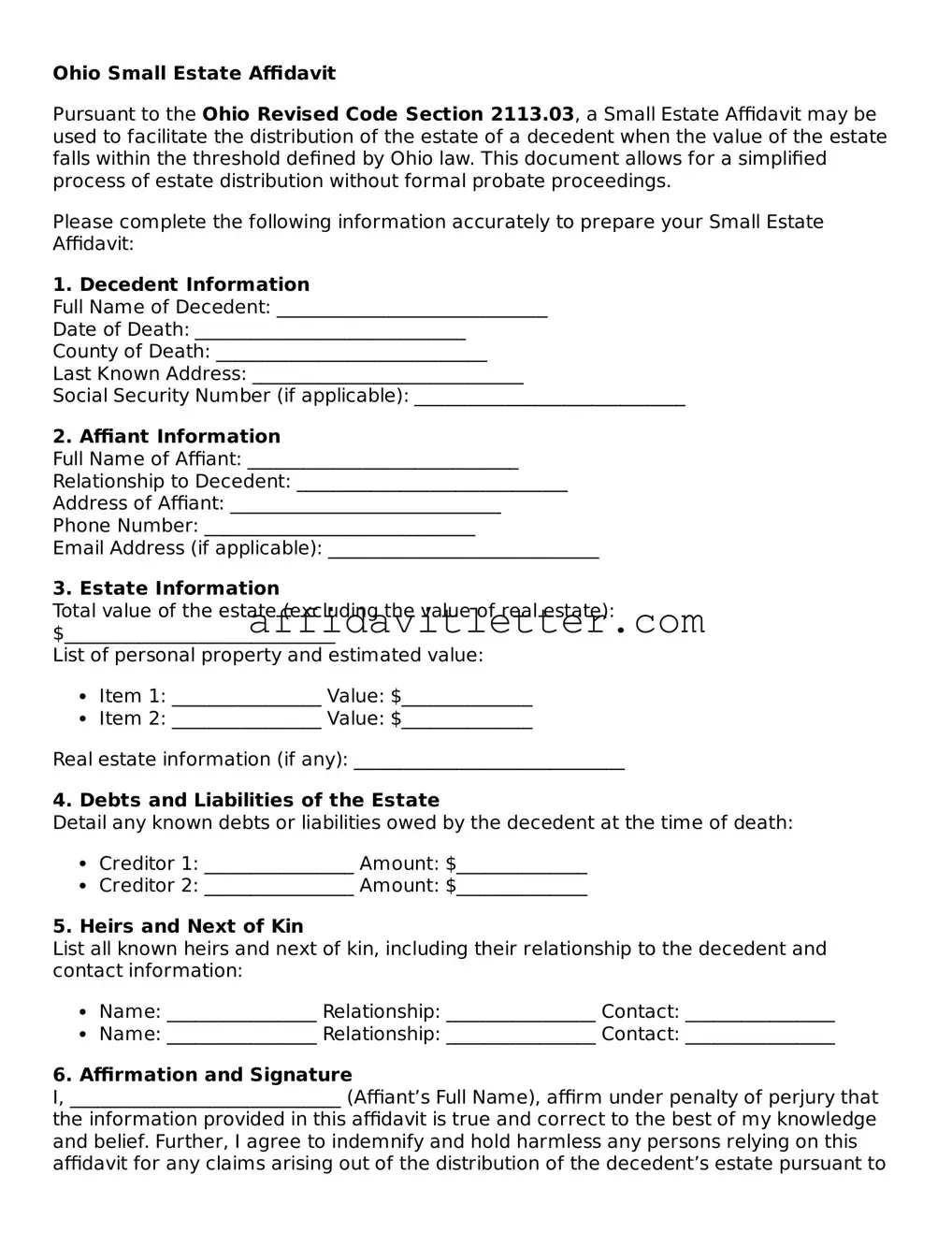Blank Ohio Small Estate Affidavit Template
