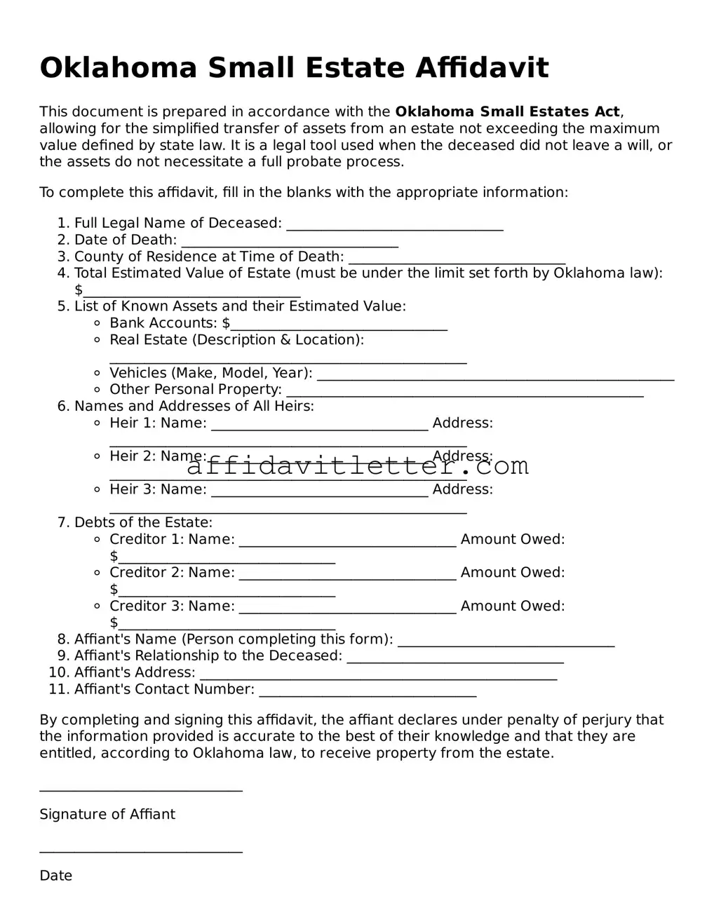 Blank Oklahoma Small Estate Affidavit Template