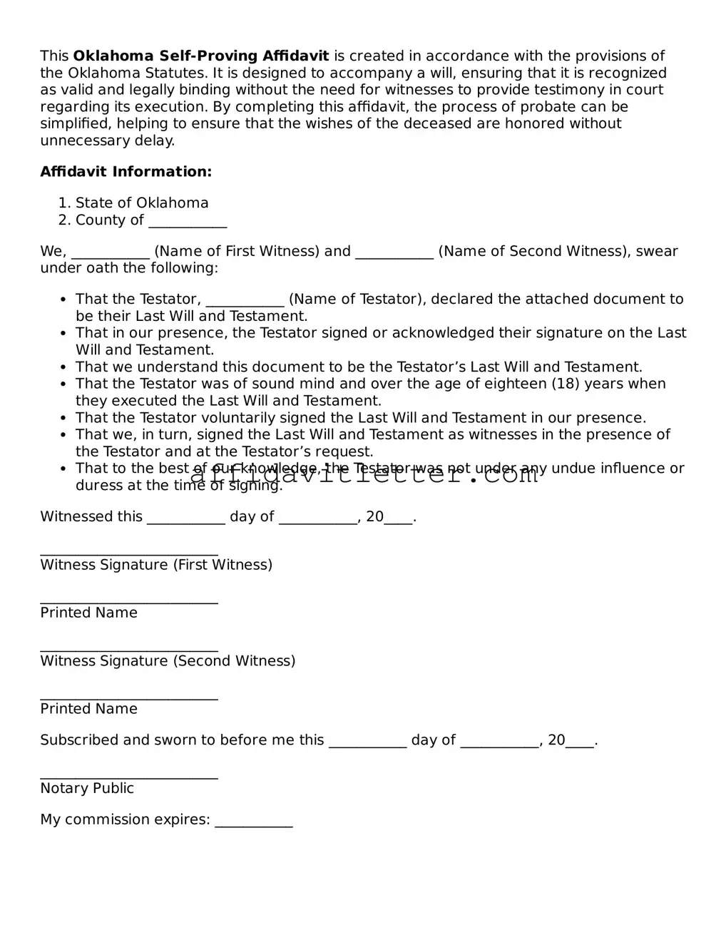 Blank Oklahoma Self-Proving Affidavit Template