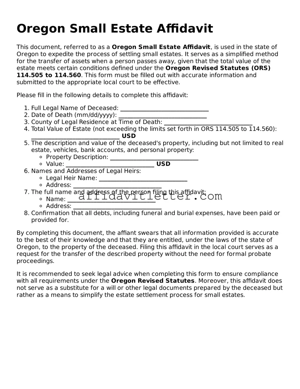 Blank Oregon Small Estate Affidavit Template