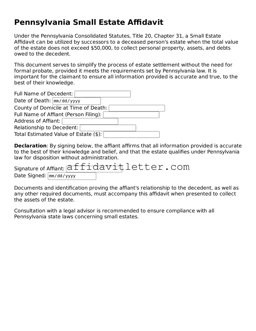 Blank Pennsylvania Small Estate Affidavit Template