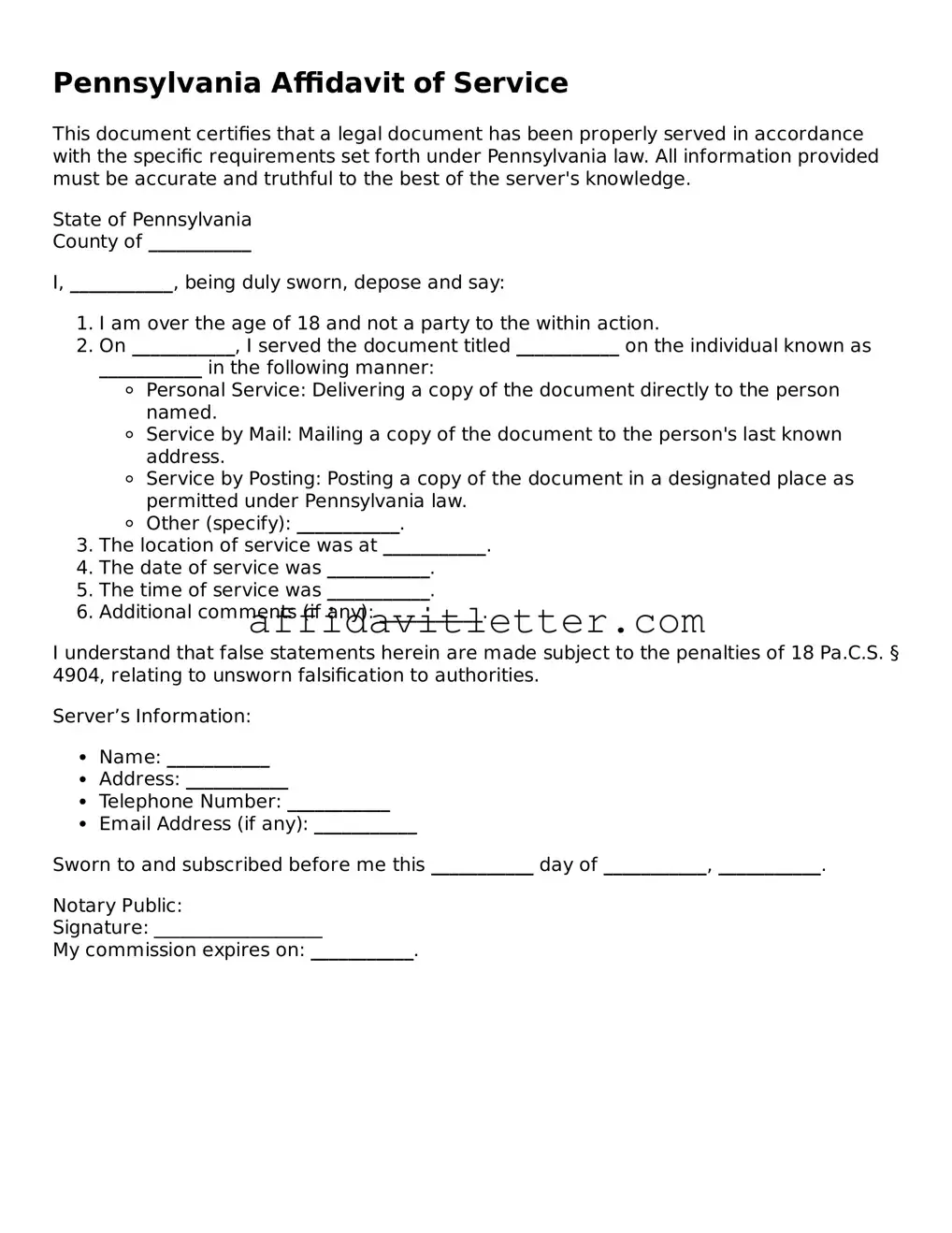 Blank Pennsylvania Affidavit of Service Template