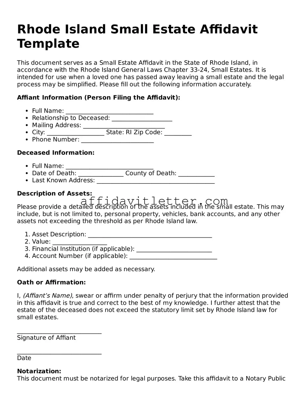 Blank Rhode Island Small Estate Affidavit Template
