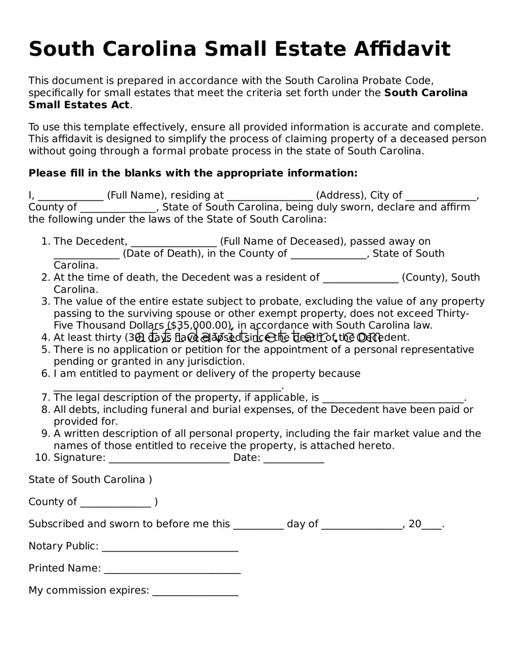 Blank South Carolina Small Estate Affidavit Template