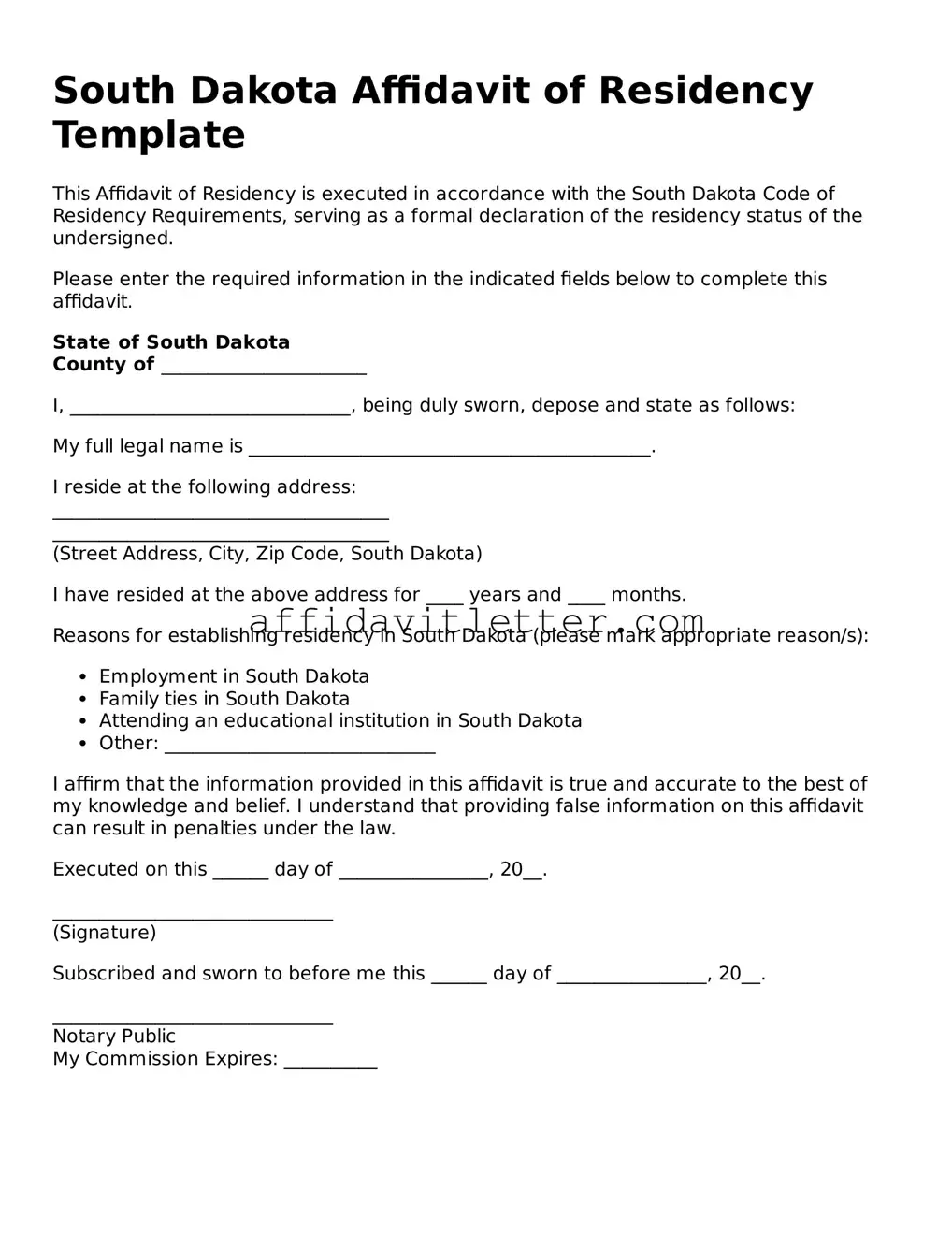 Blank South Dakota Affidavit of Residency Template