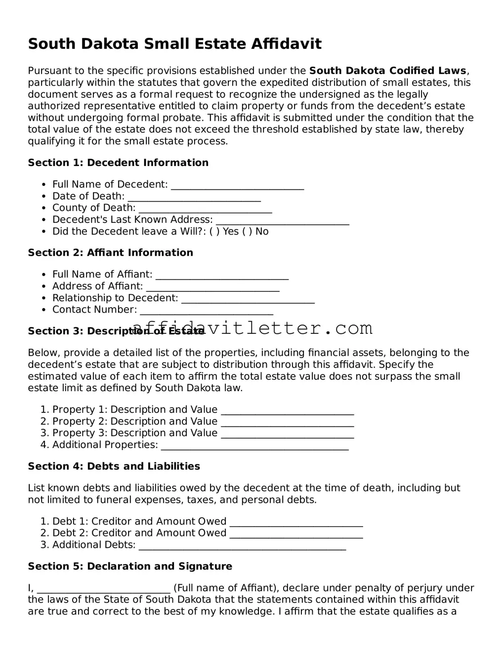 Blank South Dakota Small Estate Affidavit Template