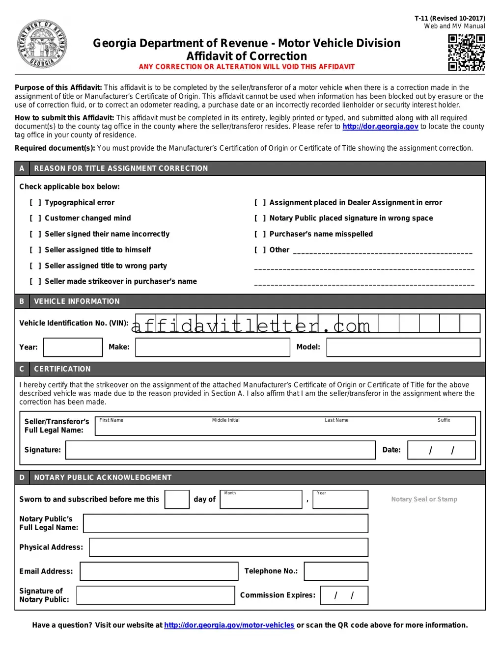 Download T11 Affidavit Of Correction Template