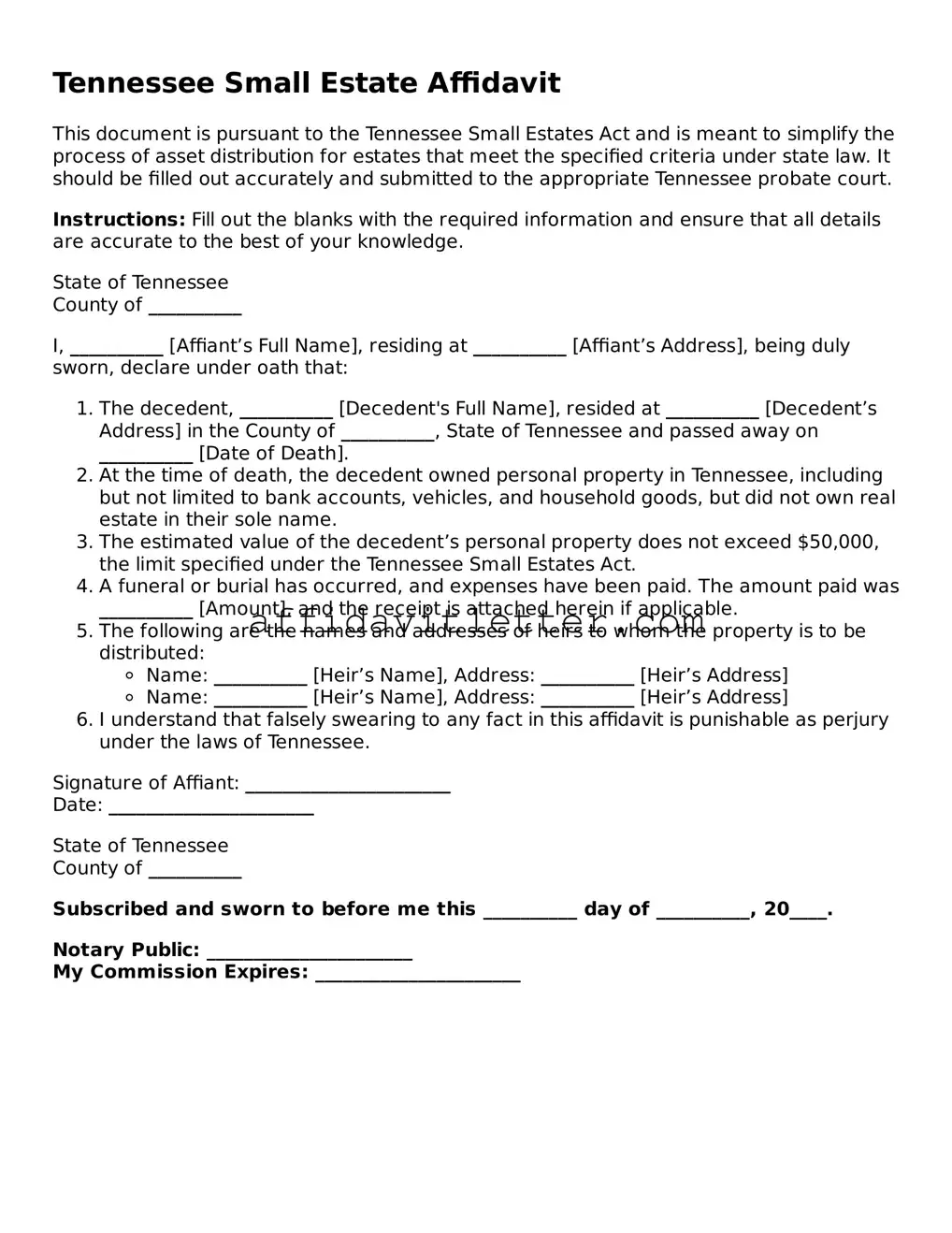 Blank Tennessee Small Estate Affidavit Template