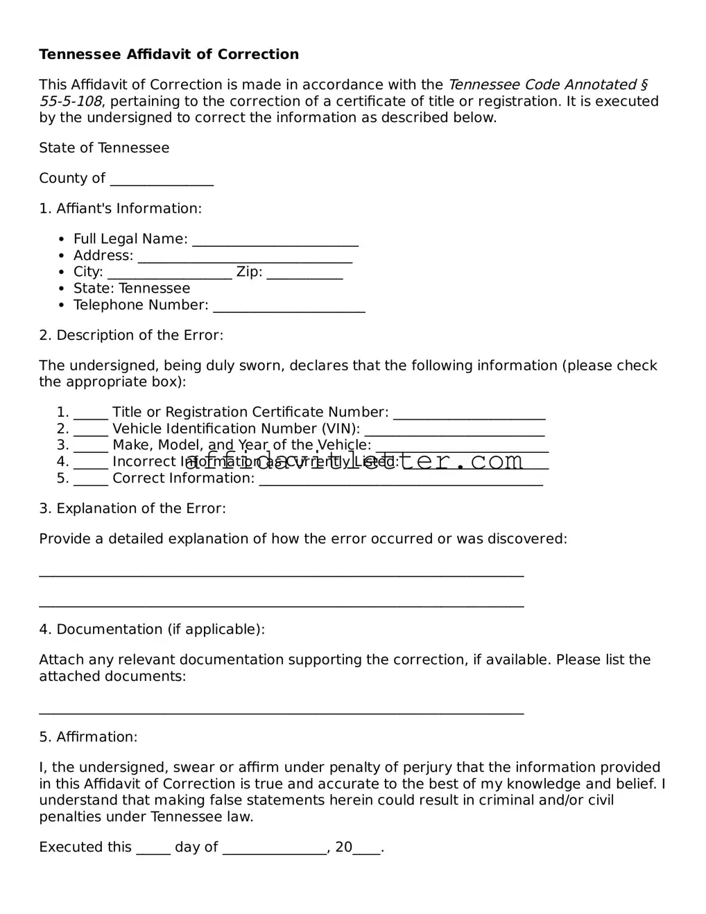 Blank Tennessee Affidavit of Correction Template