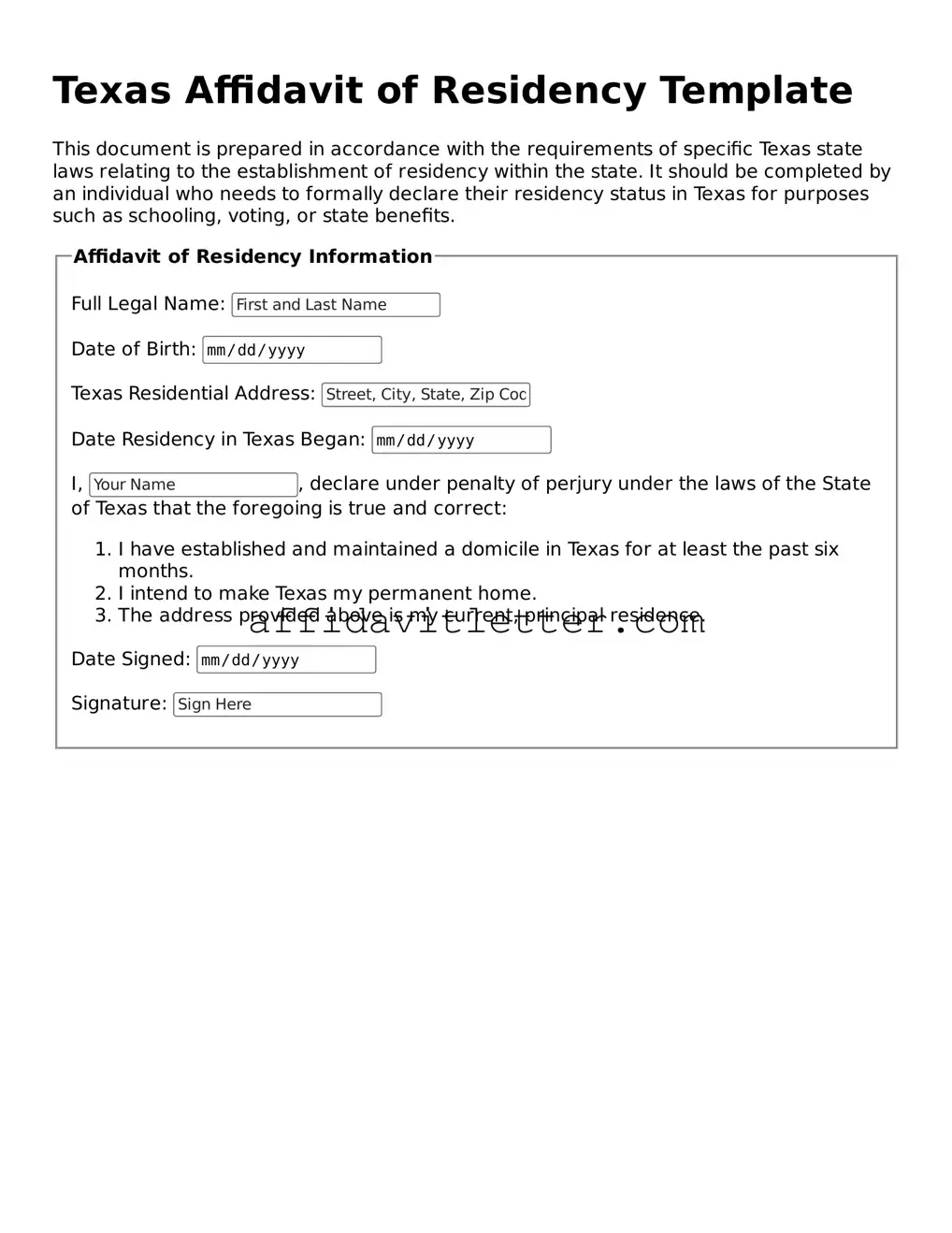 Blank Texas Affidavit of Residency Template