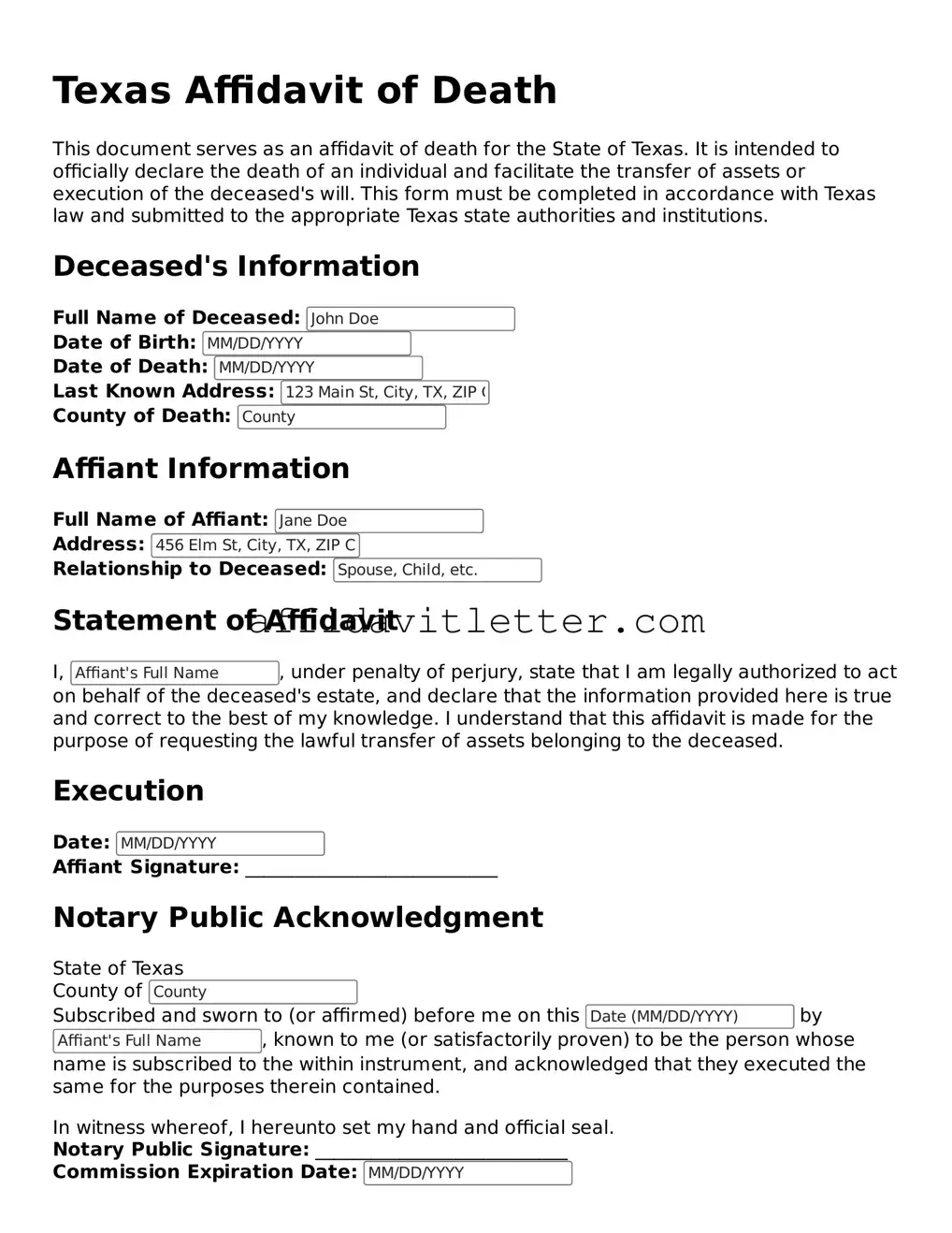 Blank Texas Affidavit of Death Template