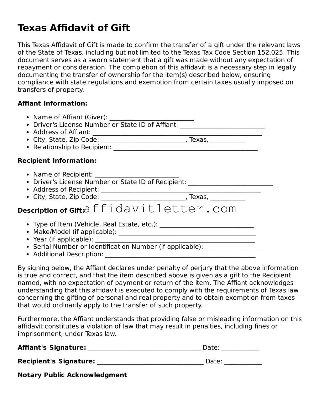 Blank Texas Affidavit of Gift Template