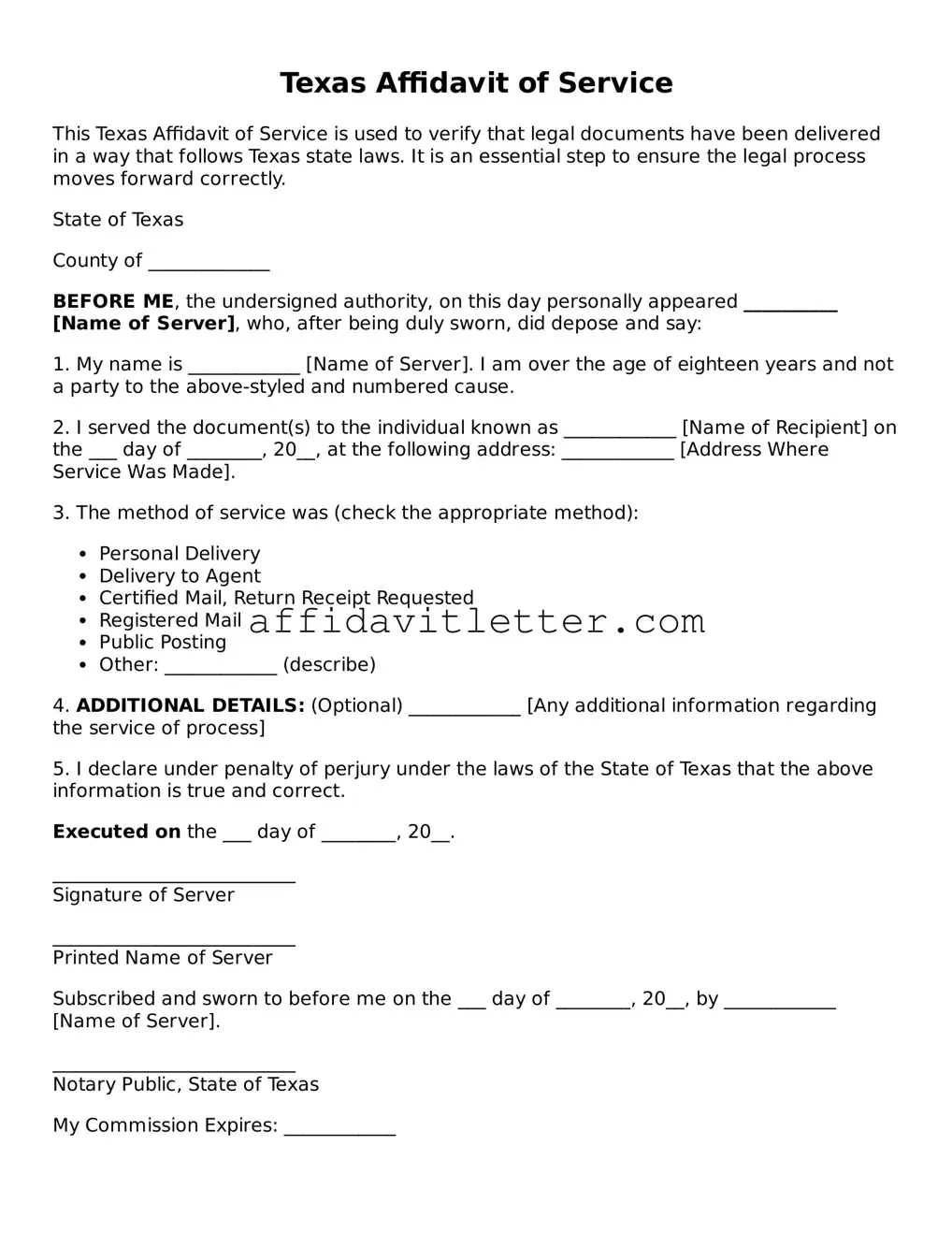 Blank Texas Affidavit of Service Template