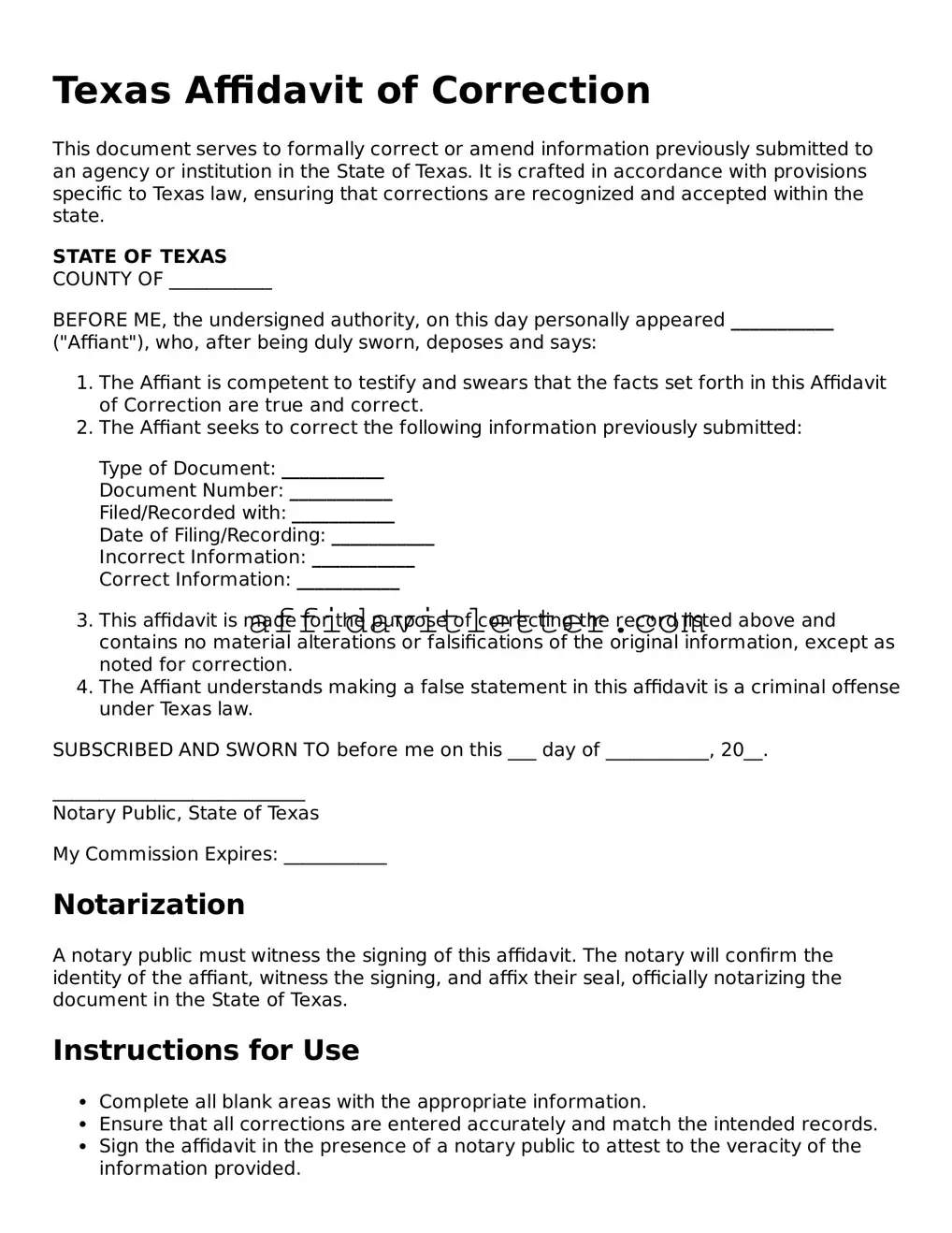 Blank Texas Affidavit of Correction Template