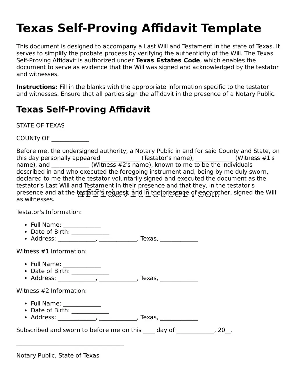 Blank Texas Self-Proving Affidavit Template