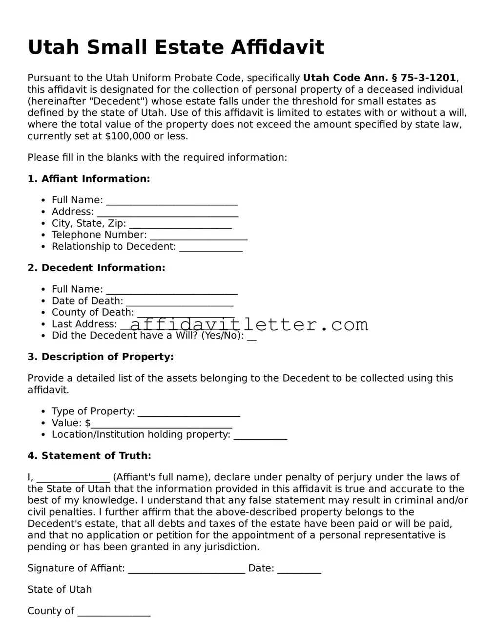 Blank Utah Small Estate Affidavit Template