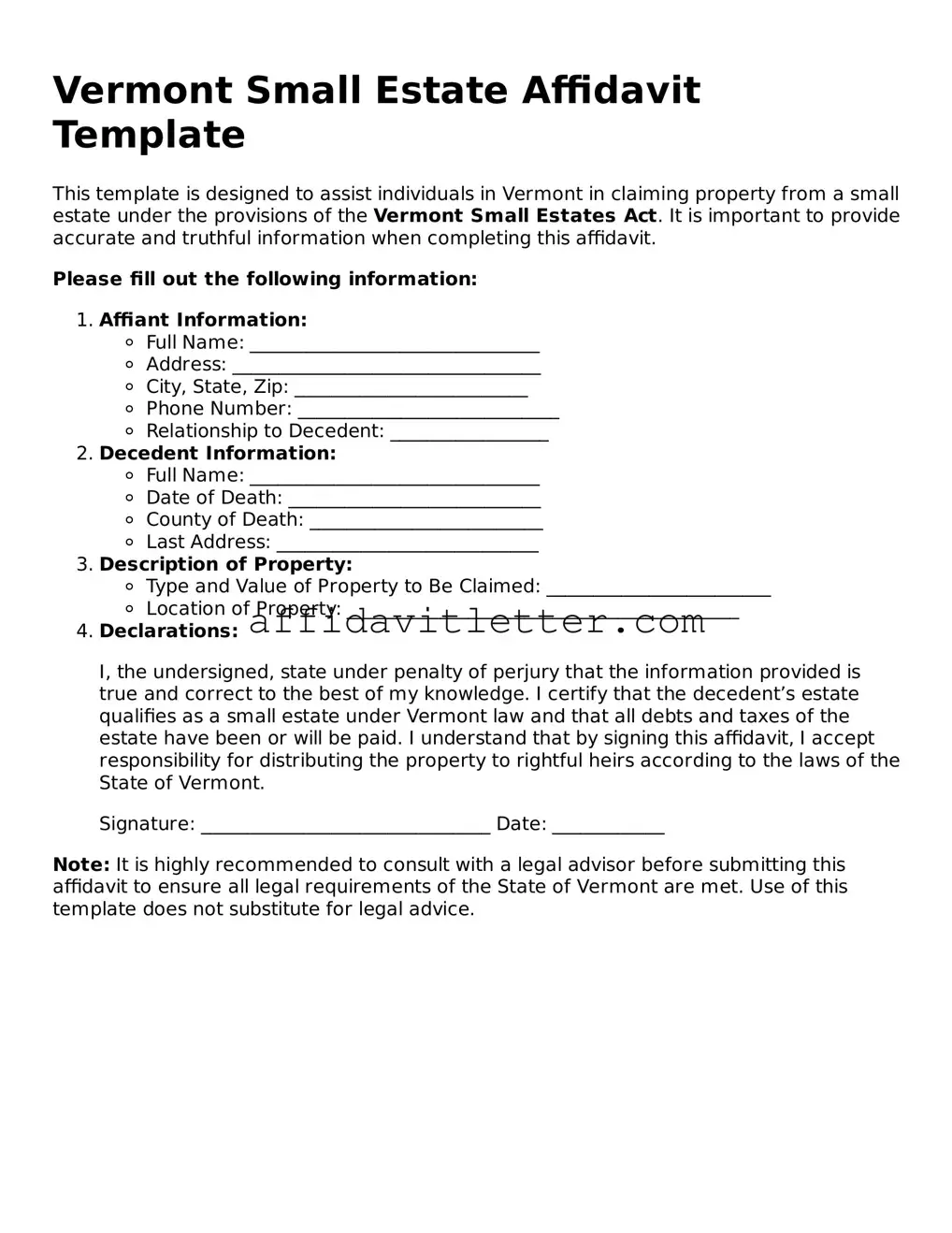Blank Vermont Small Estate Affidavit Template