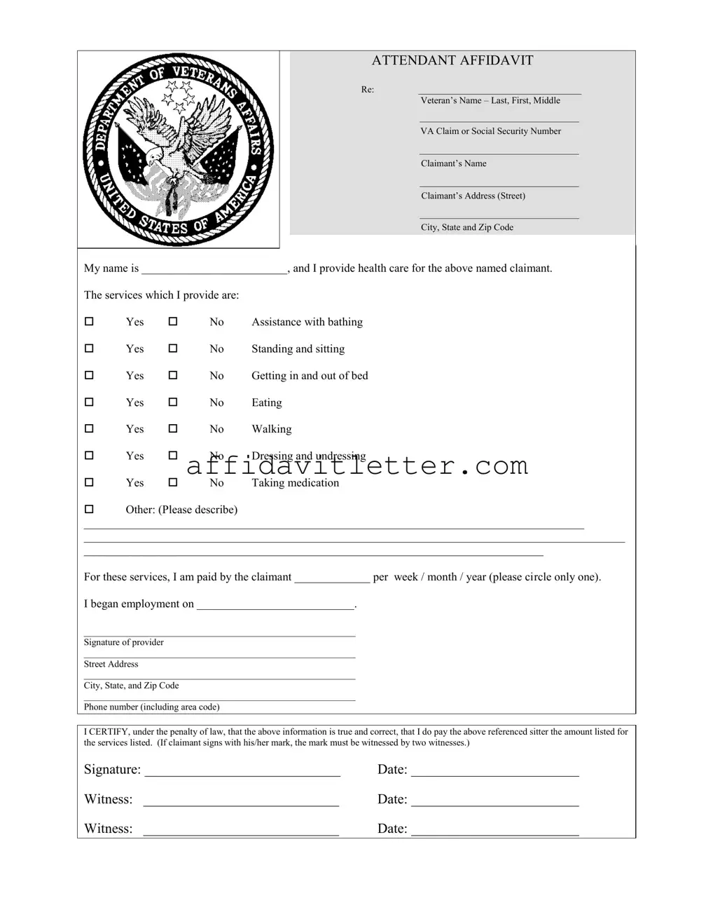 Download Veterans Affair Attendant Affidavit Template