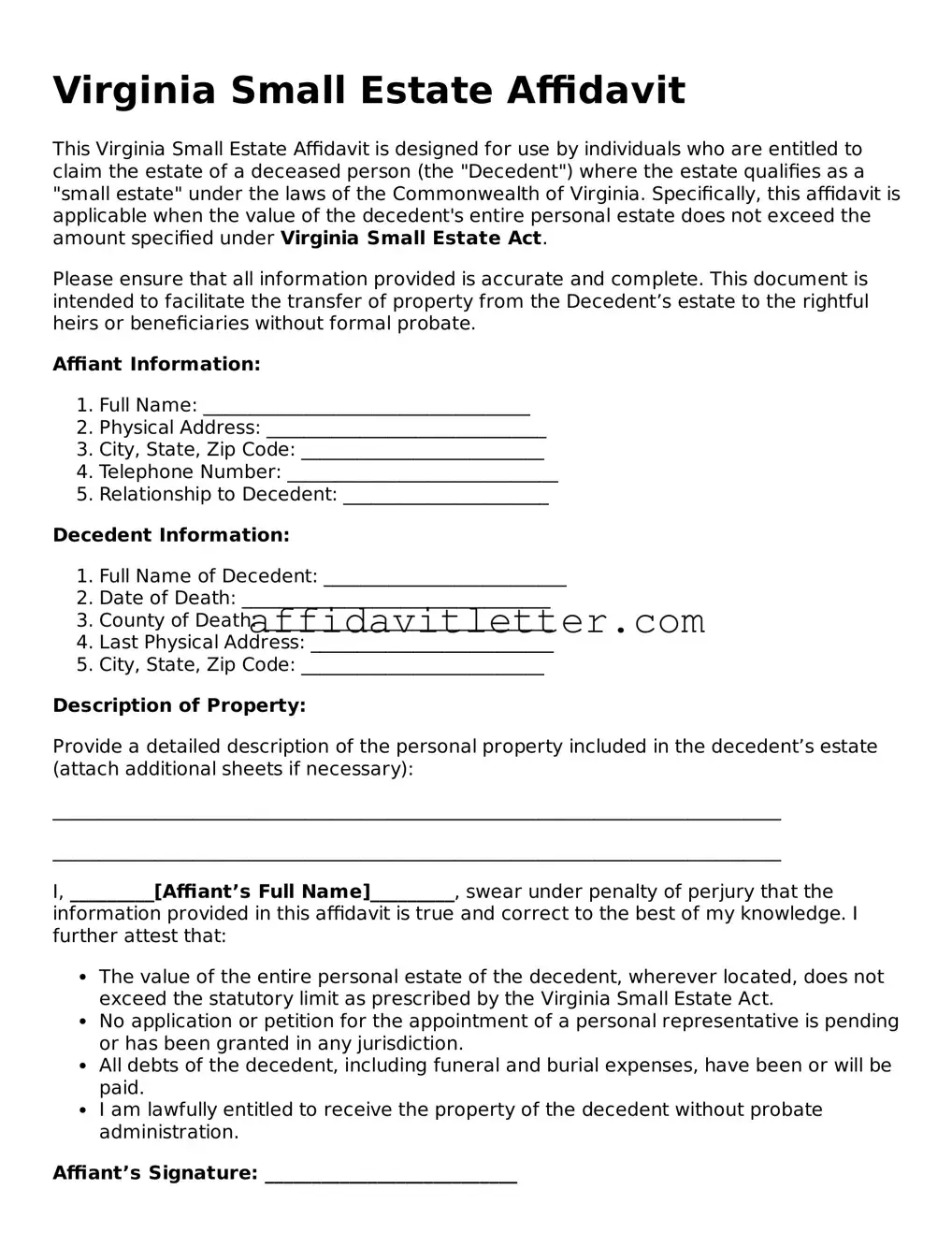 Blank Virginia Small Estate Affidavit Template