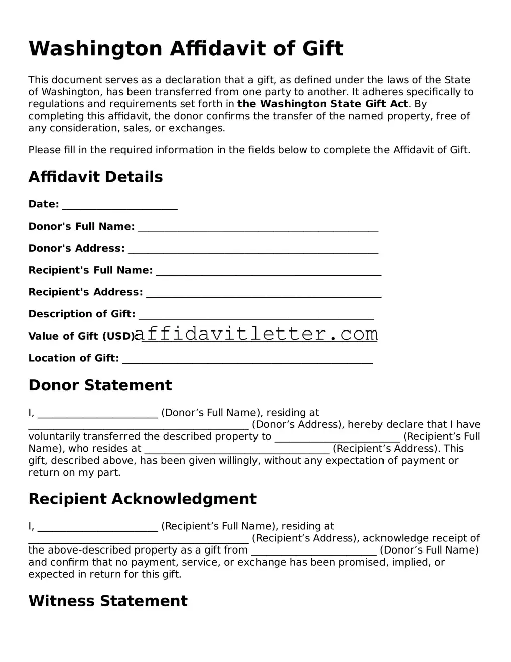 Blank Washington Affidavit of Gift Template