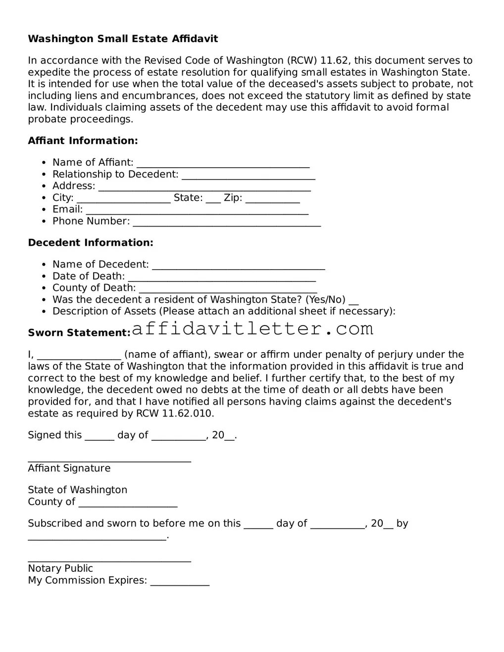 Blank Washington Small Estate Affidavit Template