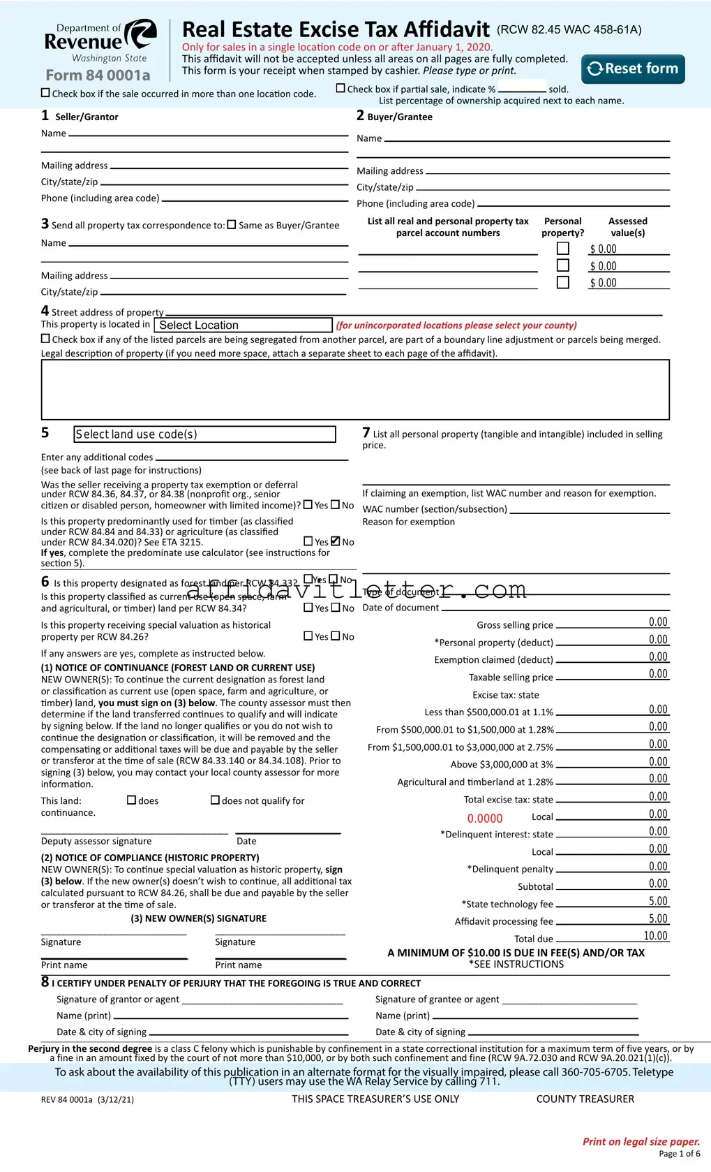 Download Washington Real Estate Excise Tax Affidavit Template