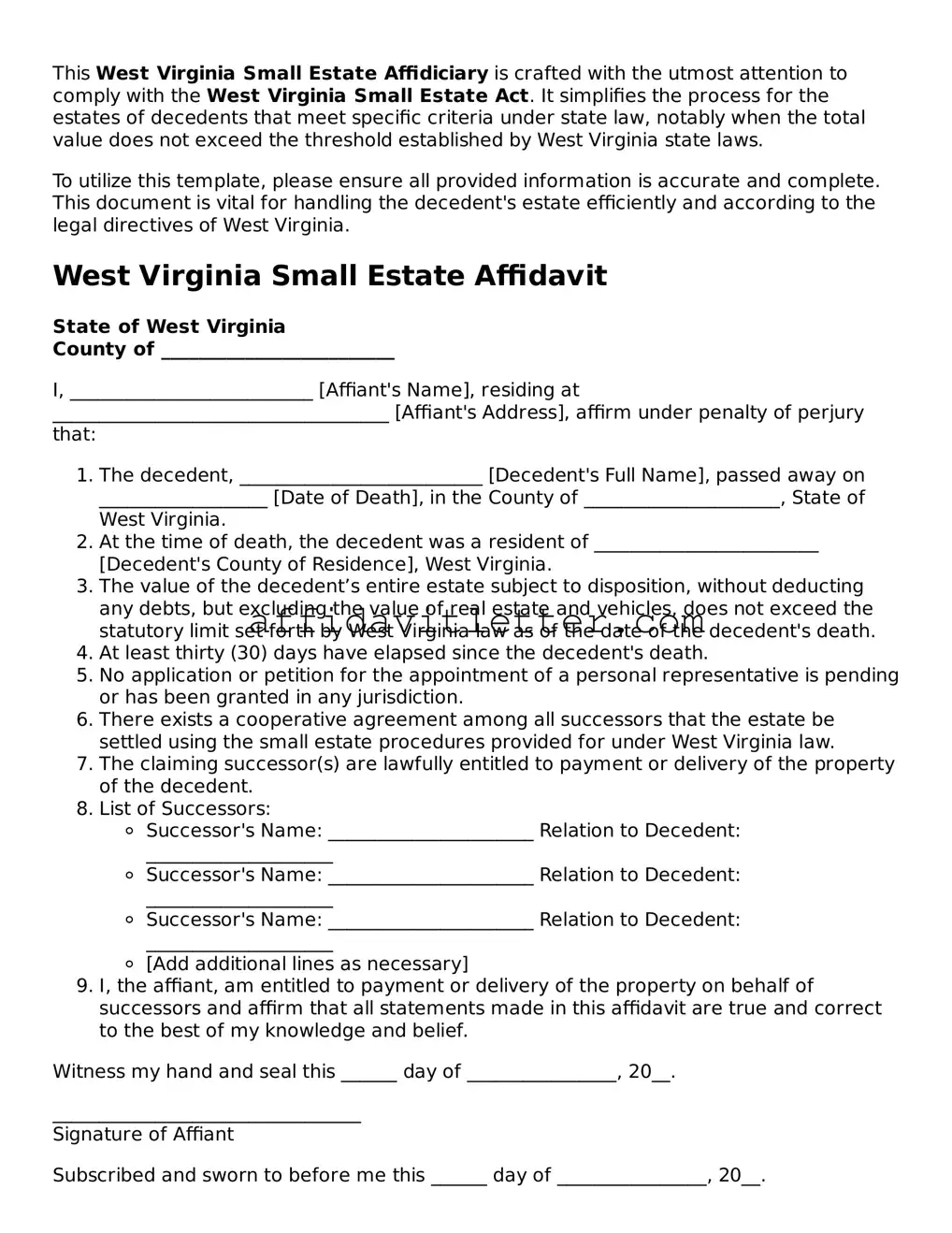 Blank West Virginia Small Estate Affidavit Template