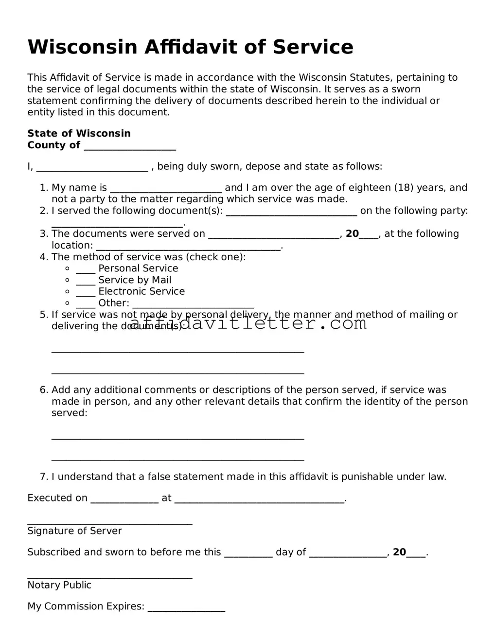 Blank Wisconsin Affidavit of Service Template